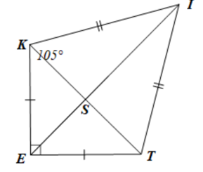 Cho tứ giác EKIT có EK = ET, IK = IT; KET = 90 độ, EKI = 105 độ . Gọi S là giao điểm của hai đường chéo. Tìm số đo các góc (ảnh 1)
