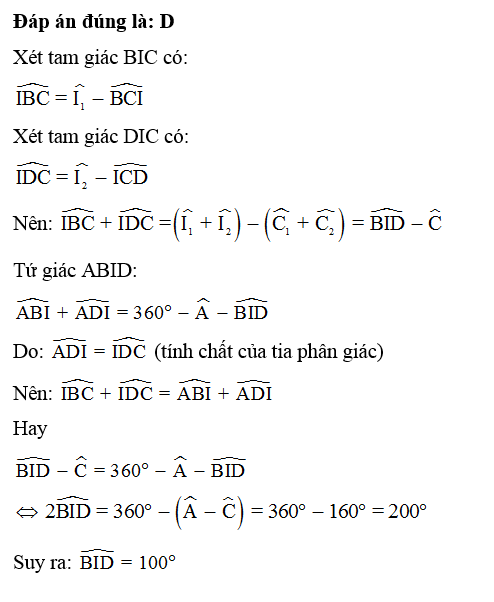 Tứ giác ABCD có: góc A- góc C= 60 độ. Các tia phân giác của các góc B và D cắt nhau tại I (hình vẽ). (ảnh 2)
