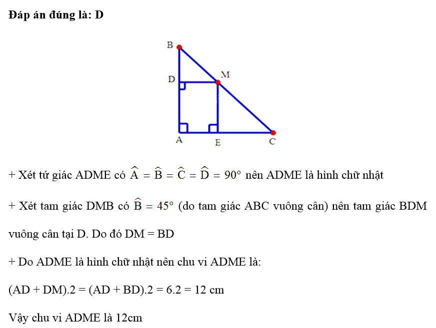 Cho tam giác ABC vuông tại A, AC = 6cm, điểm M thuộc cạnh BC. Gọi D, E theo thứ tự là các chân đường vuông  (ảnh 1)