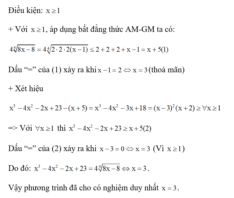 Cho phương trình: x^3-4x^2-2x+ 23= 4 căn bậc bốn của 8x-8 có nghiệm x0. Khi đó, kết luận nào sau đây là sai? (ảnh 1)