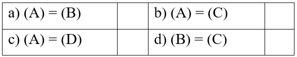 Đ,S ? a) (A) = (B) b) (A) = (C) c) (A) = (D) d) (B) = (C) (ảnh 2)