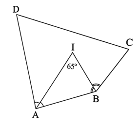 Cho tứ giác ABCD có góc C - góc D = 10 độ. Các tia phân giác của góc A và góc B cắt nhau tại I. Biết (ảnh 1)