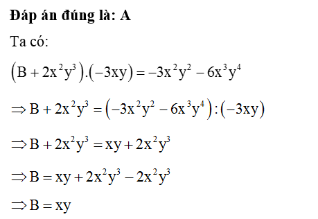 Cho đa thức B thỏa mãn (B+ 2x^2 y^3 ) . ( -3xy) = - 3x^2 y^2 - 6x^3y^4. Đa thức B là (ảnh 1)