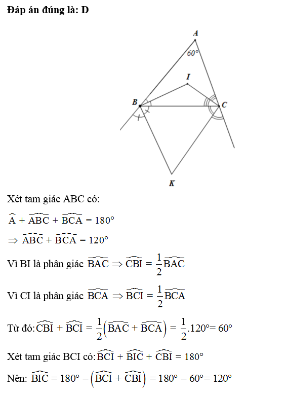 Tam giác ABC có góc A= 60 độ các tia phân giác của góc B và C cắt nhau tại I. Các tia phân giác góc ngoài tại đỉnh B và (ảnh 1)