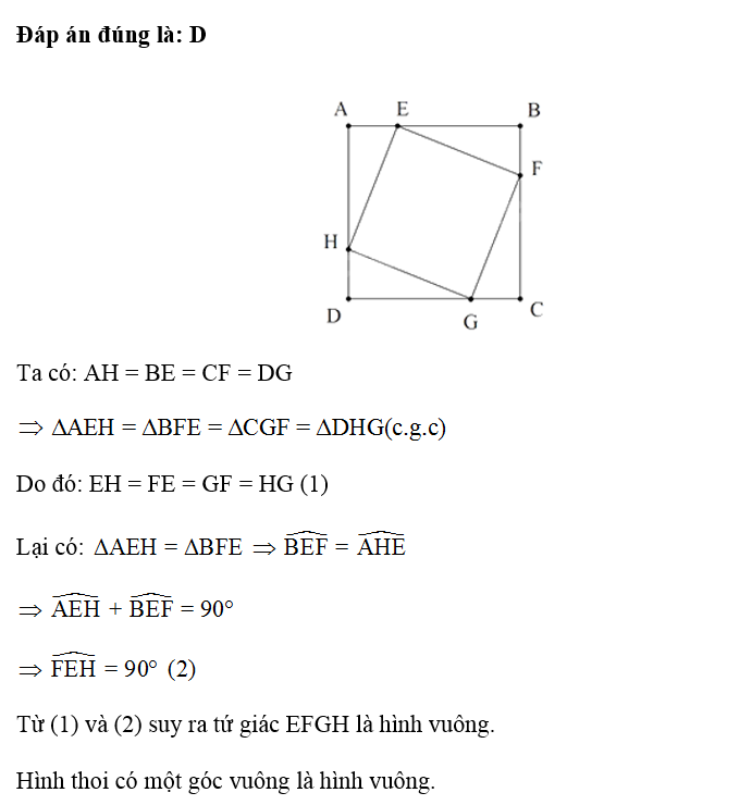 Cho hình vuông ABCD. Trên cạnh AB, BC, CD, DA lần lượt lấy các điểm E, F, G, H sao cho AE = BF = CG = DH. Tứ giác EFGH là hình gì? (ảnh 1)