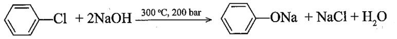 Cho biết ở điều kiện nhiệt độ và áp suất cao, xảy ra phản ứng thế nguyên tử halogen (liên kết trực tiếp với vòng benzene) bằng nhóm –OH. (ảnh 1)