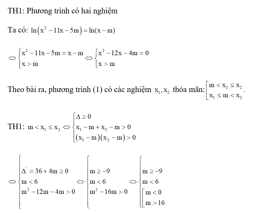 Cho phương trình ln ( x^2-11x-5m) = ln ( x-m) . Có bao nhiêu giá trị nguyên của tham số m sao cho (ảnh 1)