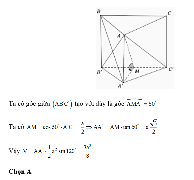 Cho khối lăng trụ đứng ABC.A'B'C' có đáy ABC là tam giác cân với AB=AC=A, góc BAC =120 độ (ảnh 1)