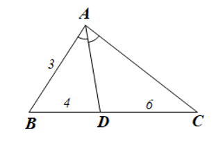 Cho tam giác ABC có AD là tia phân giác của góc BAC. Biết AB = 3 cm, BD = 4 cm, CD = 6 cm. Độ dài AC bằng  A. 4 cm. B. 5 cm. C. 6 cm. D. 4,5 cm. (ảnh 1)