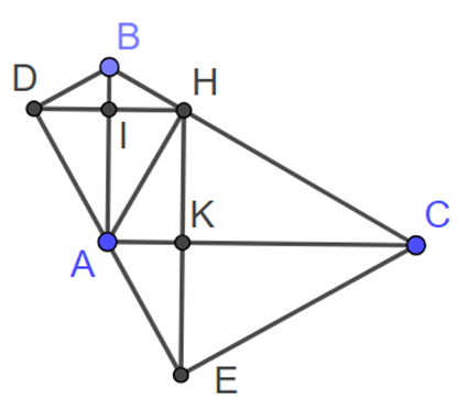 Cho tam giác ABC vuông tại A, AH là đường cao. Kẻ D đối xứng H qua AB, E (ảnh 1)