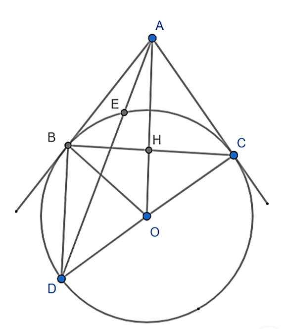 Cho điểm A nằm ngoài đường tròn (O; R). Vẽ hai tiếp tuyến AB, AC với đường  (ảnh 1)