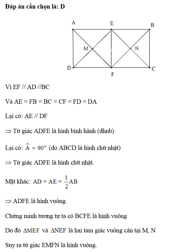 Cho hình chữ nhật  ABCD có AB = 2AD. Gọi E, F theo thứ tự là trung điểm của AB, CD; EF // AD // BC. Gọi (ảnh 1)