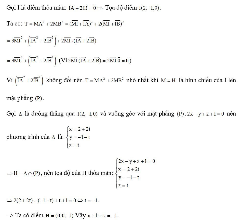 Trong không gian Oxyz, cho mặt phẳng (P): 2x-y+z+1 =0 , A( 8;-7;4) B(-1;2;-2) (ảnh 1)