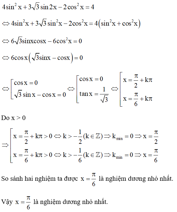 Tìm nghiệm dương nhỏ nhất của phương trình: (ảnh 1)