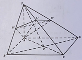 Cho hình chóp S.ABCD có đáy ABCD là hình vuông cạnh a, SA vuông góc với đáy, SA = a căn 2. Một mặt phẳng đi qua A vuông góc với SC cắt SB, SD, SC lần lượt tại B,D',C'. Tích khối chóp SAB'C'D' là: (ảnh 1)