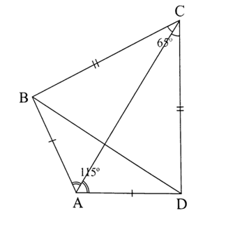 Cho tứ giác ABCD có AB = AD, CB = CD, góc C = 65 độ, góc A = 115 độ a) Chứng minh AC là đường trung trực của BD. b) Tính số đo góc B và góc D. (ảnh 1)