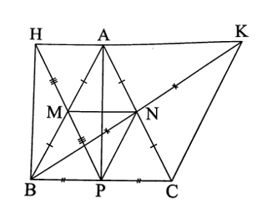 Cho tam giác ABC cân tại A có BC = 6 cm. Gọi M, N, P lần lượt là trung điểm của AB, AC, BC. a) Tính độ dài MN. Chứng minh MBCN là hình thang cân. b) Gọi K là điểm đối xứng của B qua N. Chứng minh tứ giác ABCK là hình bình hành. c) Gọi H là điểm đối xứng của P qua M. Chứng minh AHBP là hình chữ nhật. d) Chứng minh AMPN là hình thoi. (ảnh 1)