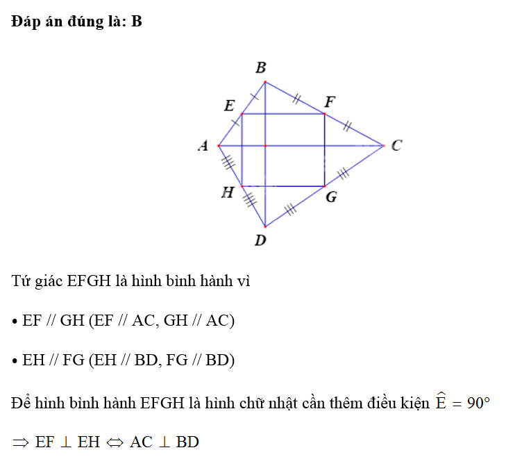 Cho tứ giác ABCD. E, F, G, H là trung điểm của các cạnh AB, BC, CD, DA và EF // AC, GH // AC, EH (ảnh 1)