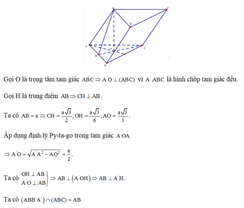 Cho lăng trụ ABC. A'B'C' có A'.ABC là hình chóp tam giác đều có AB= a.AA' = a căn bậc hai 7/12 (ảnh 1)