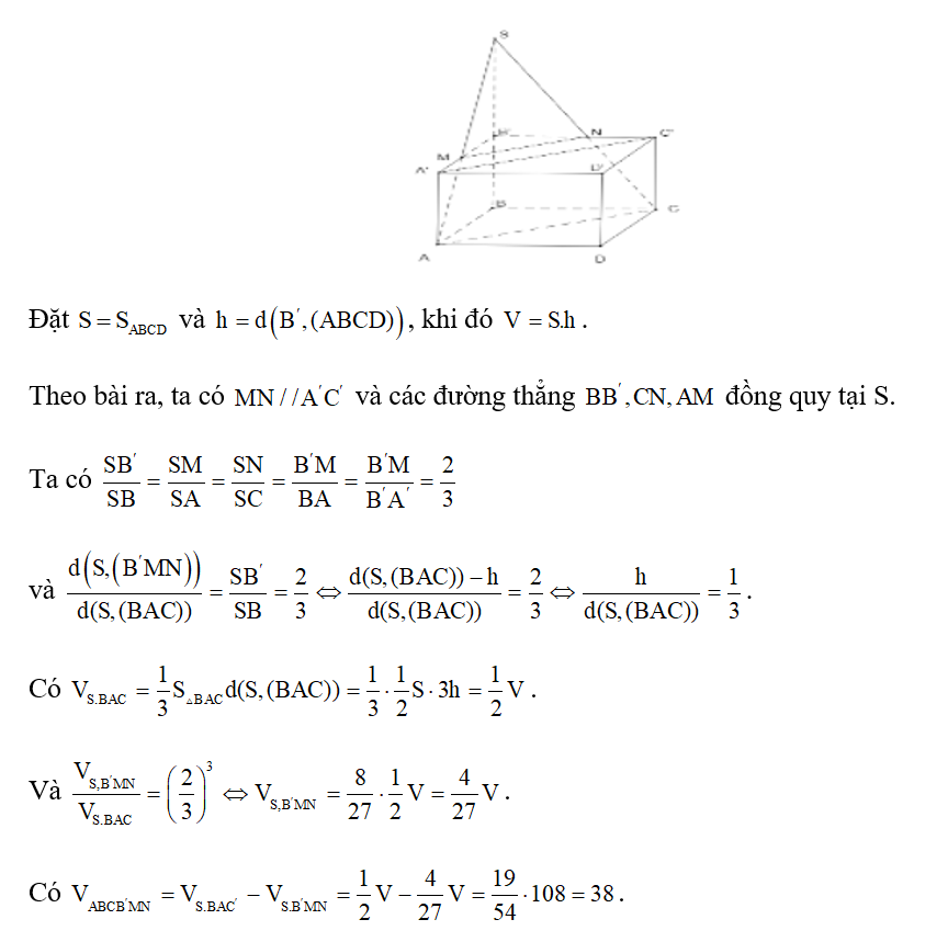 Cho hình hộp ABCD. A'B'C'D' có thể tích V = 108. Điểm M nằm trên A'B' sao cho A'B'=3.A'M (ảnh 1)