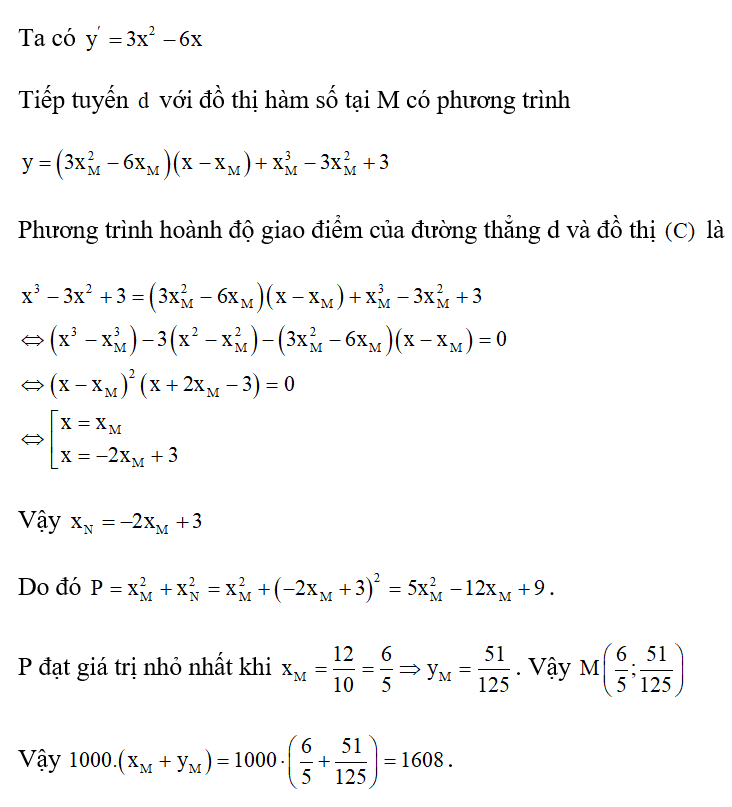 Gọi M (xM; y M1) là một điểm thuộc (C): y= x^3-3x^2+3 biết tiếp tuyến của (C) tại điểm M cắt đồ thị (C (ảnh 1)