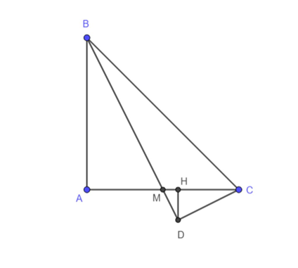 Cho tam giác ABC vuông cân tại A,đường trung tuyến BM. Gọi D là hình chiếu của C (ảnh 1)