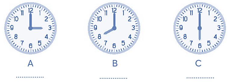 Hai kim đồng hồ tạo thành góc bao nhiêu độ? Ghi số đo góc dưới mỗi đồng hồ. (ảnh 1)