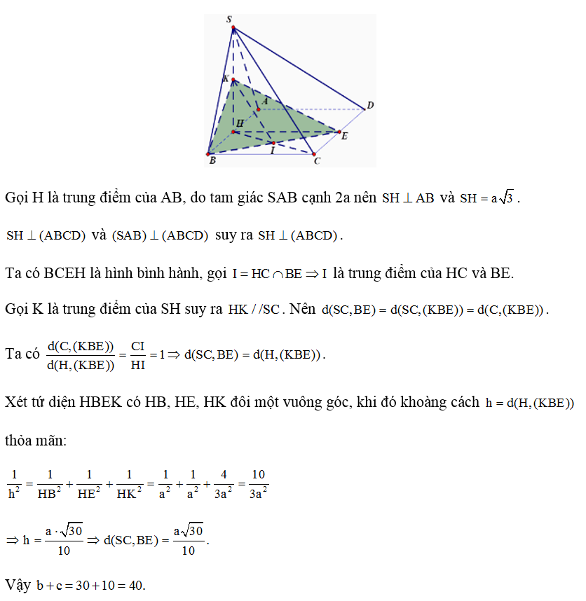 Cho hình chóp S.ABCD có đáy ABCD là hình chữ nhật,AB = 2a , BC = a , mặt bên SABlà tam giác đều và nằm trong mặt phẳng vuông (ảnh 1)