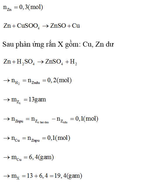 Cho 19,5 gam Zn tác dụng với dung dịch CuSO4 đến khi phản ứng kết thúc thu được rắn X. Cho toàn bộ X vào dung (ảnh 1)