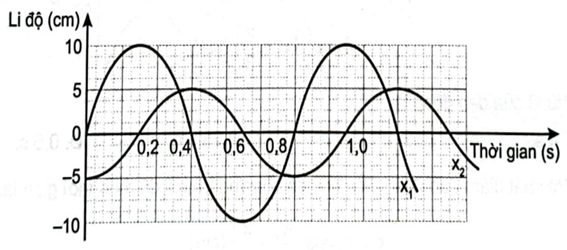 Đồ thị li độ theo thời gian x1, x2 của hai chất điểm dao động điều hoà được mô tả như (ảnh 1)