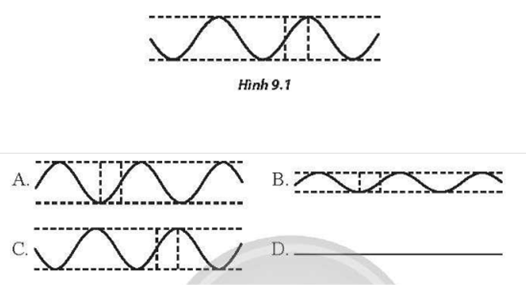 Một hệ sóng dừng được hình thành trên dây. Tại một thời điểm, dây có hình dạng như Hình 9.1. Sau một phần tư chu kì sóng, dây sẽ có hình dạng như hình nào dưới đây?   (ảnh 1)