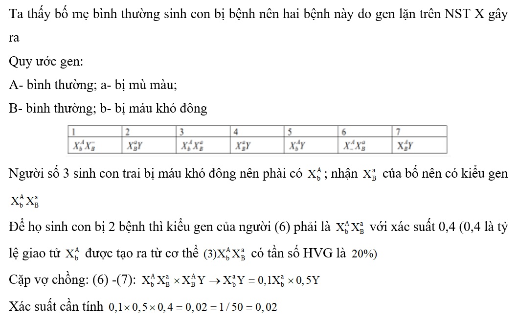 Sơ đồ phả hệ dưới đây mô tả sự di truyền bệnh mù màu và bệnh máu khó đông ở người (ảnh 2)