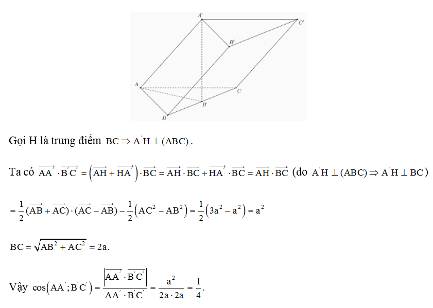 Cho lăng trụ ABC.A'B'C' có cạnh bên bằng 2a. Tam giác ABC vuông tại A,AB= a, AC = a căn bậc hai 3 . Hình chiếu của A' lên mặt (ảnh 1)