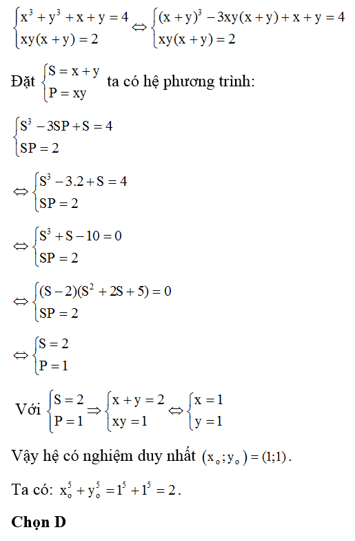 Cho hệ phương trình x^3 + y^3 + x+ y= 4 và x212239 có nghiệm duy nhất (x0; y0) . Tính 5x0+ 5y0. (ảnh 1)