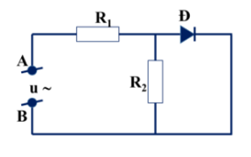 Trong đoạn mạch AB như hình vẽ. O là điôt lí tường, hai điện trờ đều bằng R. Điện áp giữa A và B là (ảnh 1)
