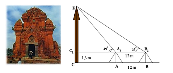 Muốn đo chiều cao của tháp chàm Por Klong Garai ở Ninh Thuận người ta lấy hai điểm A và B trên mặt đất có khoảng cách AB = 12 m cùng thẳng hàng với chân C của tháp để đặt hai giác kế. Chân của giác kế có chiều cao h = 1,3 m. G (ảnh 1)
