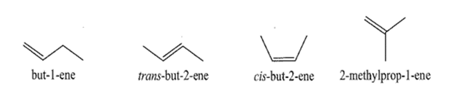 Số alkene có cùng công thức C4¬H8 và số alkyne có cùng công thức C4H6 lần lượt là A. 4 và 2. B. 4 và 3. C. 3 và 3. D. 3 và 2. (ảnh 1)