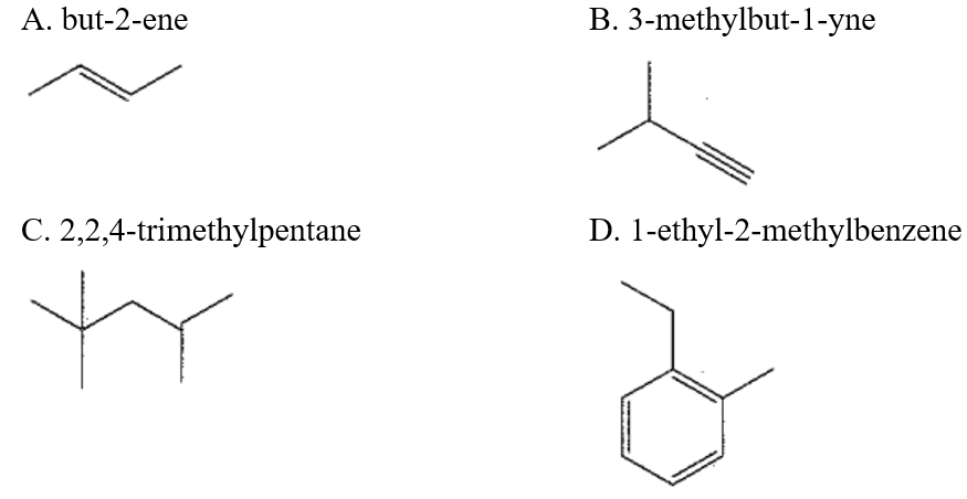 gọi của chất nào sau đây không đúng? A. but-2-ene B. 3-methylbut-1-yne C. 2,2,4-trimethylpentane D. 1-ethyl-2-methylbenzene (ảnh 1)