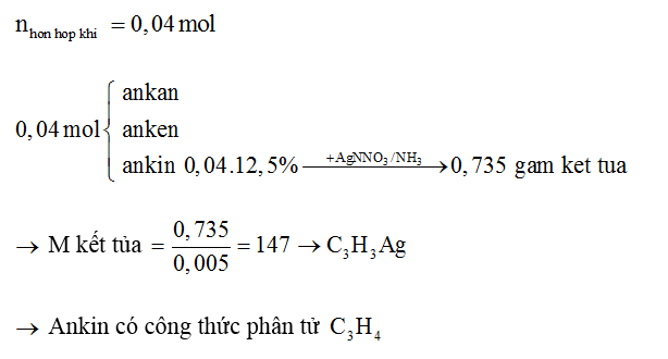 Một hỗn hợp khí X gồm một ankan, một anken và một ankin. Cho 0,896 lít X qua dung dịch  AgNO3 (ảnh 1)