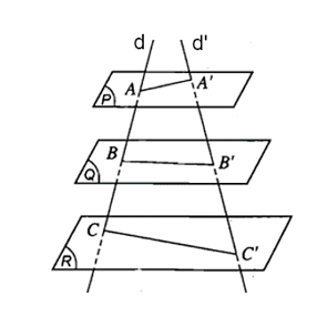 Cho ba mặt phẳng (P), (Q), (R) đôi một song song với nhau. Đường thẳng d cắt các mặt phẳng (P), (Q), (R) lần lượt tại A, B, C (ảnh 1)