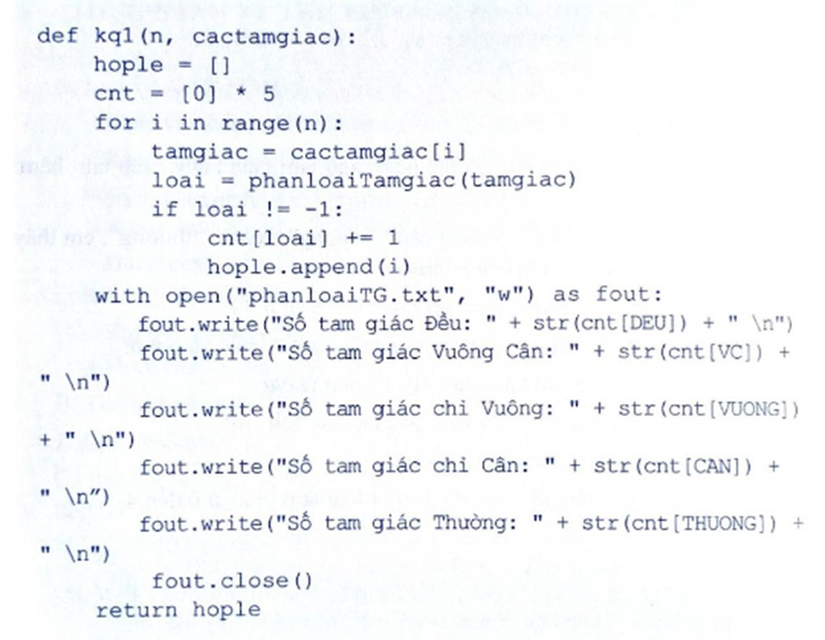 Thực hiện bài tập lớn về lập trình Python xử lí “Tam giác” với các yêu cầu sau: Dữ liệu đầu vào: Nhập từ tệp văn bản tamgiac.txt chứa số liệu độ dài của các tam giác, mỗi dòng trong tệp văn bản chứa ba số a, b, c là số liệu về một tam giác.  (ảnh 2)