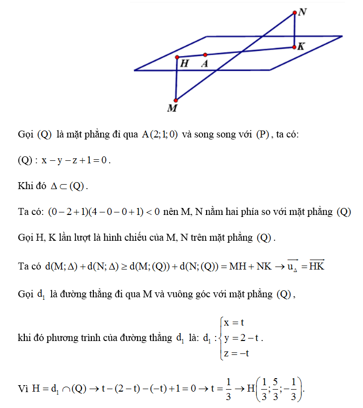 Trong không gian với hệ trục toạ độ Oxyz, gọi tam giác là đường thẳng đi qua điểm A( 2;1;0), song song với mặt phẳng (ảnh 1)