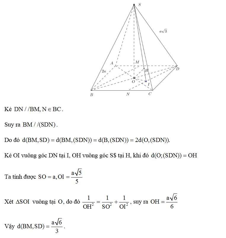 Cho hình chóp đều S.ABCD có  (minh họa như hình dưới). Gọi M là trung điểm của AD. Khoảng (ảnh 1)