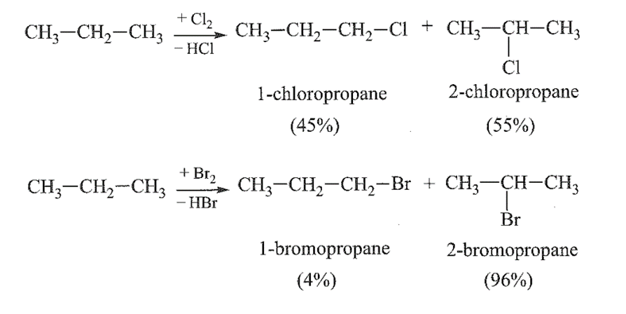 Monochlorine hoá propane (có chiếu sáng, ở 25oC), thu được 45% 1-chloropropane và 55% 2-chloropropane (ảnh 1)