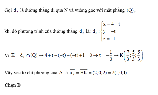 Trong không gian với hệ trục toạ độ Oxyz, gọi tam giác là đường thẳng đi qua điểm A( 2;1;0), song song với mặt phẳng (ảnh 2)