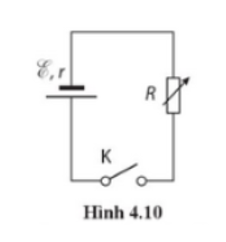 Mạch điện (Hình 4.10) có mạch ngoài là biến trở R. Đóng khoá K, thay đổi R để công suất ở mạch ngoài cực đại. Giá trị của biến trở và công suất cực đại lúc đó là (ảnh 1)