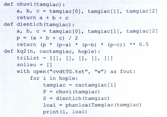 Thực hiện bài tập lớn về lập trình Python xử lí “Tam giác” với các yêu cầu sau: Dữ liệu đầu vào: Nhập từ tệp văn bản tamgiac.txt chứa số liệu độ dài của các tam giác, mỗi dòng trong tệp văn bản chứa ba số a, b, c là số liệu về một tam giác.  (ảnh 11)
