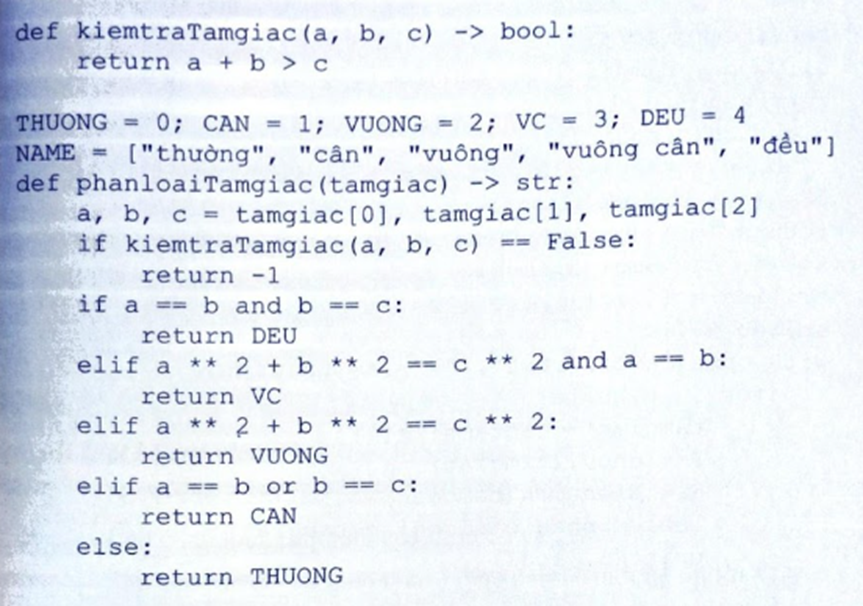 Thực hiện bài tập lớn về lập trình Python xử lí “Tam giác” với các yêu cầu sau: Dữ liệu đầu vào: Nhập từ tệp văn bản tamgiac.txt chứa số liệu độ dài của các tam giác, mỗi dòng trong tệp văn bản chứa ba số a, b, c là số liệu về một tam giác.  (ảnh 9)