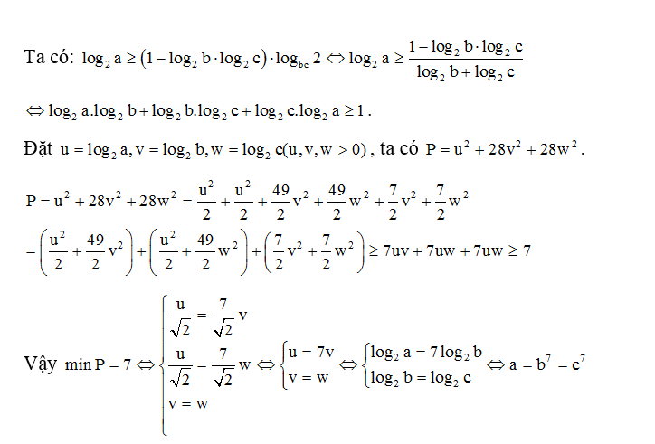 Cho các số thực a, b, c lớn hơn 1 thỏa mãn log 2 lớn bhơn bằng ( 1- log 2 b. log 2 c) .log bc 2. Tìm giá trị nhỏ nhất của biểu thức . (ảnh 1)