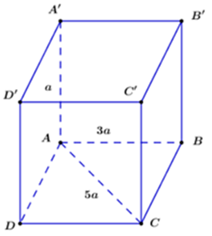 Cho khối hộp chữ nhật ABCD.A’B’C’D’ có AA’=a,AB=3a,AC=5a. Thể tích của khối  (ảnh 1)